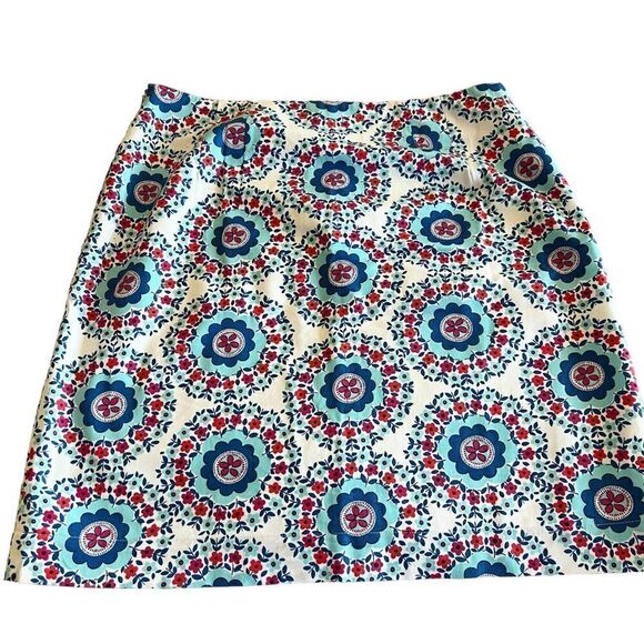 Talbots Cotton Stretch A line Skirt Aqua Blue Red White Medallion Print - Picture 1 of 4